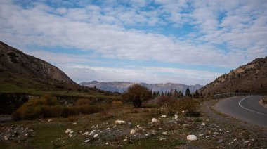 a curved road skirting the base of a hill leading towards distant mountains under a sky dotted with fluffy clouds. Sparse vegetation and a solitary trees accentuate the rugged terrain