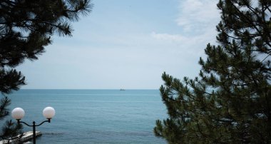 Framed by pine branches, a streetlamp overlooks a serene sea with a distant ship, conveying a peaceful coastal atmosphere on a bright day with scattered clouds.