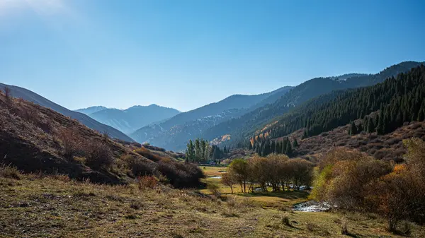 stock image a valley view with a small stream winding through it, flanked by shrubs and trees displaying autumn colors. The scene is framed by sloping hills and distant mountains under a clear blue sky