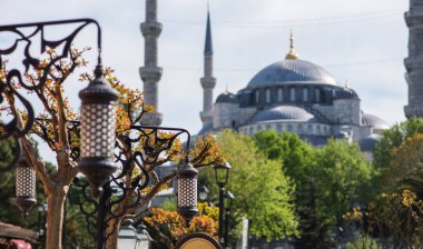 Süslü sokak lambaları ve işlenmiş demircilik önplanında İstanbul 'un görkemli Mavi Camii, zarif minareleri bereketli bahar yaprakları arasında berrak mavi bir gökyüzünü deliyor.