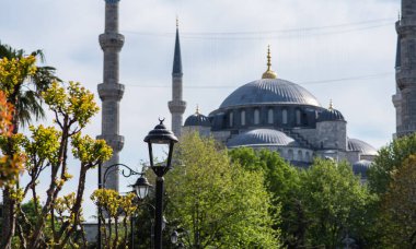 Süslü sokak lambaları ve işlenmiş demircilik önplanında İstanbul 'un görkemli Mavi Camii, zarif minareleri bereketli bahar yaprakları arasında berrak mavi bir gökyüzünü deliyor.