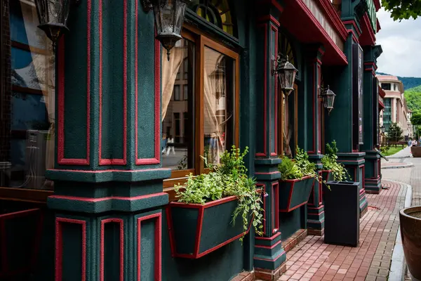 stock image picturesque European-style street scene. A series of dark green and red decorative window boxes filled with trailing greenery. Classic lantern-style light fixtures enhance the traditional vibe.