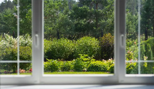 stock image Through the panes of a window, reveals a meticulously cared for garden, resplendent with a variety of shrubs and blooming flowers, and flanked by tall trees, offering a slice of nature's tranquility.