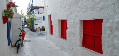 Beyaz duvarları ve çarpıcı kırmızı panjurları olan dar dar bir sokak. Parlak çiçekli bir avluya ve park edilmiş bir bisiklete giden yol..