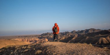 Kırmızı ceketli yalnız bir kaşif, engin bir kanyona bakıyor. Karmaşık erozyon desenleri var. Sessiz alan, açık mavi bir gökyüzü altında kar kaplı dağlara doğru uzanıyor..