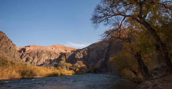 stock image Amber foliage frames a mountains river, meandering at the foot of towering, rugged cliffs under the gentle embrace of a clear azure sky.