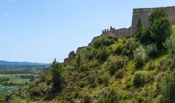 stock image Ruins of an ancient fortress wall stretching across a hill, with lush greenery in the foreground and panoramic views of distant mountains under a bright sky