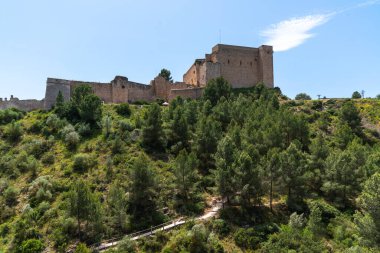 Görkemli bir ortaçağ şatosu bir tepenin üstünde duruyor, parlak mavi bir gökyüzünün altında, parlak, mavi bir gökyüzü altında, tarihi bir ihtişamı çağrıştırıyor.