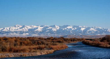 Dönen bir nehir, açık mavi gökyüzünün uçsuz bucaksız engin genişliğinin altındaki göz kamaştırıcı kar örtülü dağ sırasına uzanan fundalık bir araziyi kesiyor..