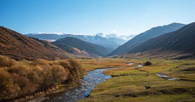 Dağlar, dağlık bir vadi boyunca kıvrılıyor sonbahar çalılıkları ve parlak mavi gökyüzünün altında karla kaplı tepeler..