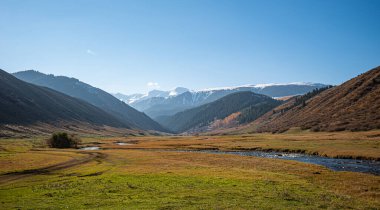 Sonbahar renklerinde çalılar ve açık mavi gökyüzünün altında karla kaplı dağ zirveleri olan bir vadiden akan başıboş bir nehir.