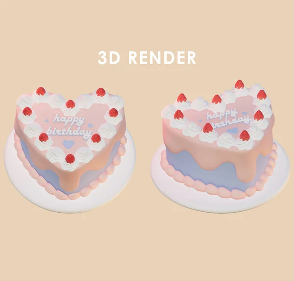 Turuncu arka planda 3D kalp pastası çileği çizimi 