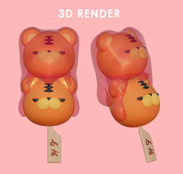 Pembe arka planda kaplan Dango tatlı japan 'ın 3D görüntüsü