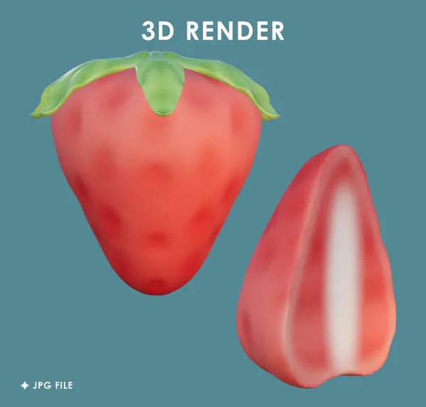 Mavi arka planda 3D çilek ve yarım kesilmiş çilek çizimi