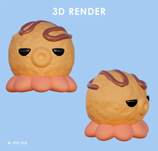 3D rendelenmiş ahtapot soslu ve mavi arka planda.