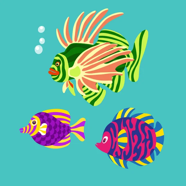 Vector Colorful Cartoon Fish Circular Shape Undersea World Aquarium Cute — Stock Vector