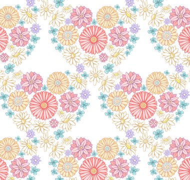 Kalp şeklinde renkli çiçeklerin vektör çizimi. Pastel palette elle çizilmiş çiçekli düz elementler. Bahar ya da yaz çiçekli kart, poster, davetiye, ev dekoru ya da tişört baskısı.