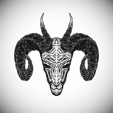 Black Skull Goat Horn Ritual Metal Dark Artwork Detailed Realistic Vector Illustration
