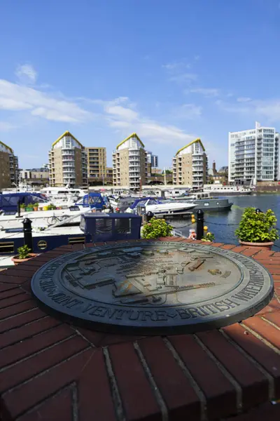 stock image London - 06 04 2022: Commemorative stele for the rehabilitation of the Limehouse basin