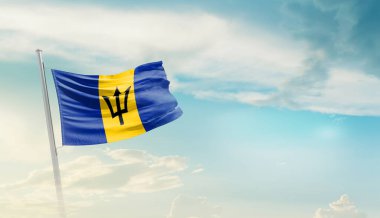 Barbados waving flag in beautiful sky.