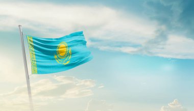 Kazakhstan waving flag in beautiful sky.