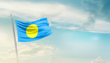 Palau waving flag in beautiful sky.