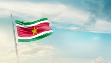 Suriname waving flag in beautiful sky.