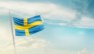 Sweden waving flag in beautiful sky.