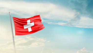 Switzerland waving flag in beautiful sky.