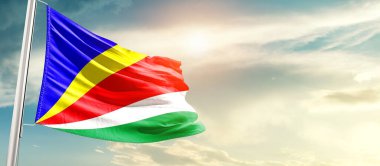 Seychelles waving flag in beautiful sky with sun