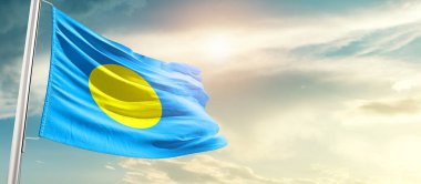 Palau waving flag in beautiful sky with sun