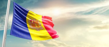 Andorra waving flag in beautiful sky with sun