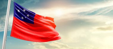 Samoa waving flag in beautiful sky with sun