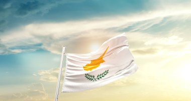 Cyprus waving flag in beautiful sky with sun