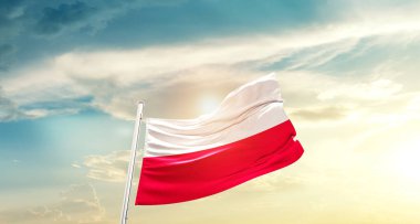 Poland waving flag in beautiful sky with sun