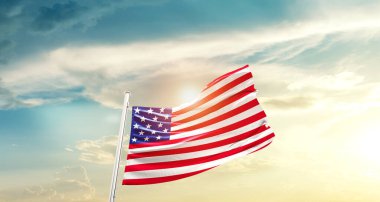 United States waving flag in beautiful sky with sun clipart