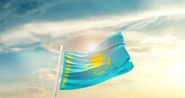 Kazakhstan waving flag in beautiful sky with sun