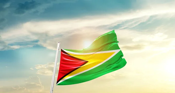 Guyana Waving Flag Beautiful Sky Sun — Stok fotoğraf
