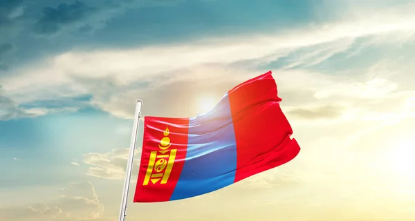 Mongolia Waving Flag Beautiful Sky Sun — Foto de Stock