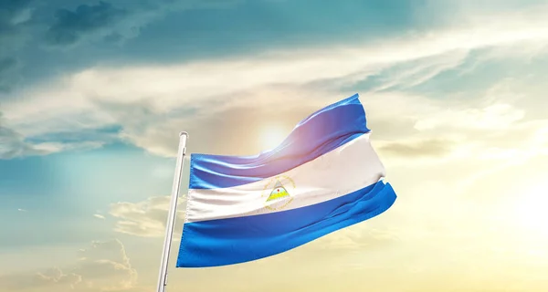 Nicaragua Waving Flag Beautiful Sky Sun — Stock Photo, Image