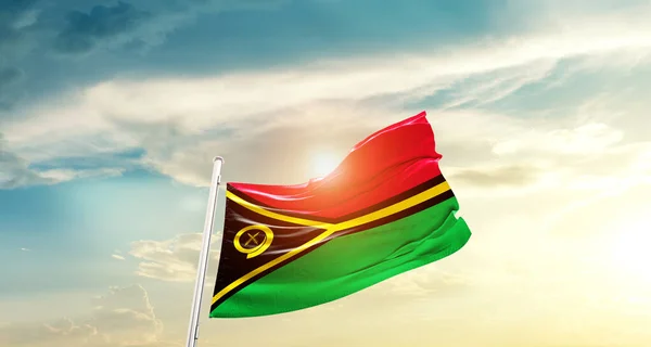 Vanuatu Waving Flag Beautiful Sky Sun — Stockfoto