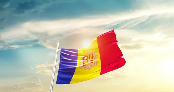 Andorra Ondeando Bandera Hermoso Cielo Con Sol —  Fotos de Stock