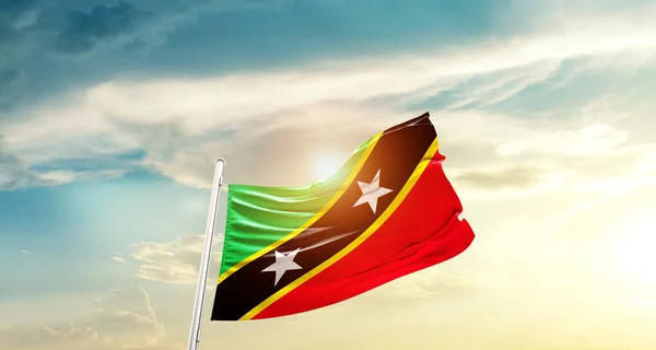 Saint Kitts Nevis Waving Flag Beautiful Sky Sun — 스톡 사진