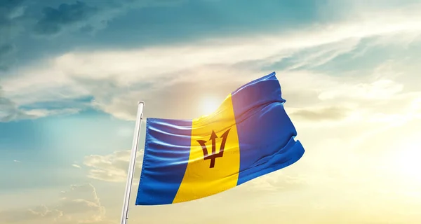 Barbados Waving Flag Beautiful Sky Sun — Stok fotoğraf