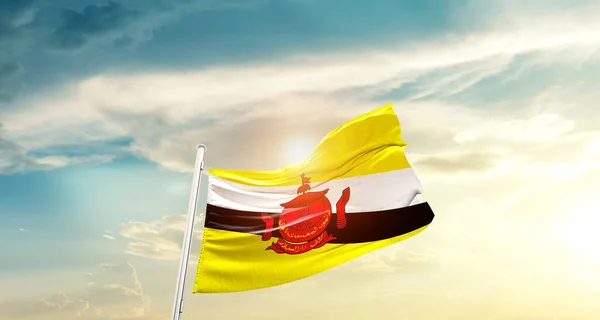 Brunei Waving Flag Beautiful Sky Sun — 스톡 사진