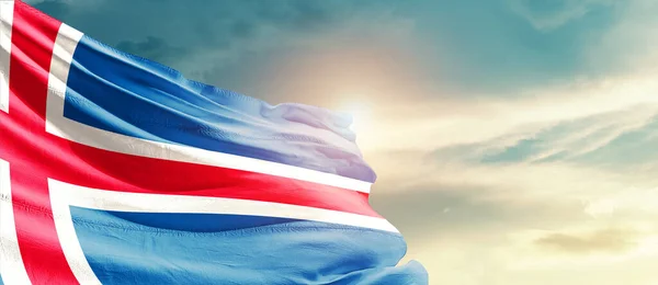 Iceland Waving Flag Beautiful Sky Sun — Stock Photo, Image
