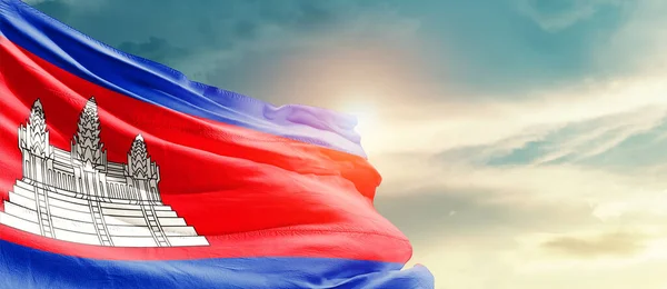 Cambodia Waving Flag Beautiful Sky Sun — Fotografia de Stock