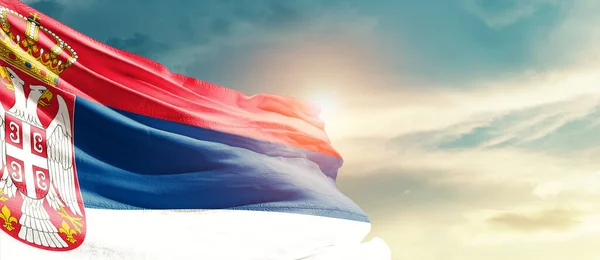 Serbia Waving Flag Beautiful Sky Sun — Φωτογραφία Αρχείου