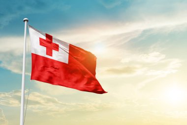 Tonga waving flag in beautiful sky with sun