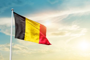 Belgium waving flag in beautiful sky with sun